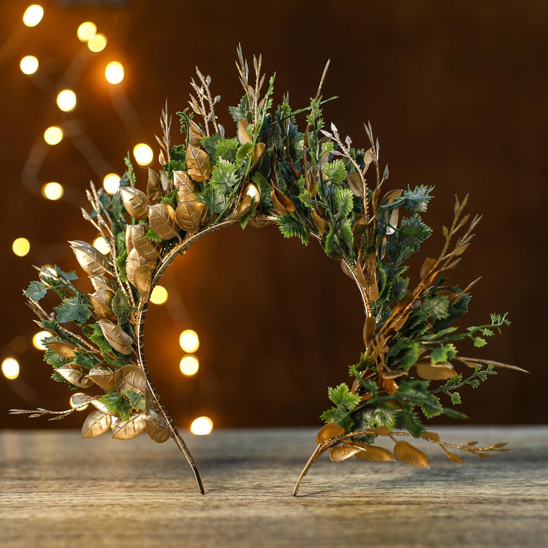 MOSTORY Handmade Woodland Halo Crown - Forest Headband Flower Hairband Goddess Floral Crown for Women s Cosplay Party Renaissance Carnival Wedding Photo Shoot Gold Green - Image 5