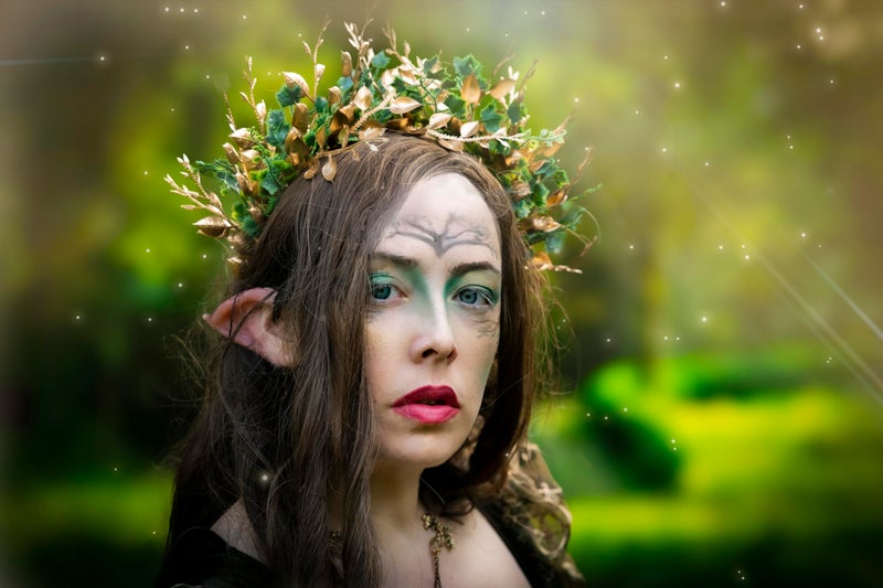 MOSTORY Handmade Woodland Halo Crown - Forest Headband Flower Hairband Goddess Floral Crown for Women s Cosplay Party Renaissance Carnival Wedding Photo Shoot Gold Green - Image 3