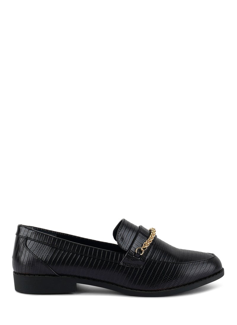 London Rag Black Low Block Loafers Adorned with Golden Chain  - Image 1