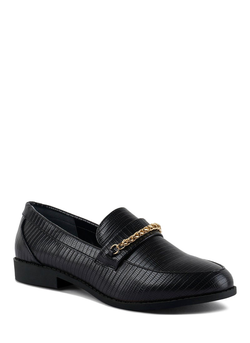 London Rag Black Low Block Loafers Adorned with Golden Chain  - Image 2
