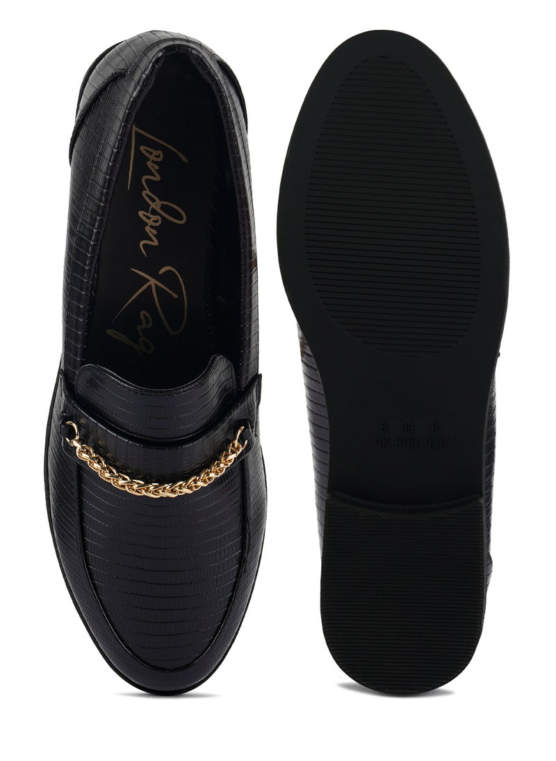 London Rag Black Low Block Loafers Adorned with Golden Chain  - Image 4