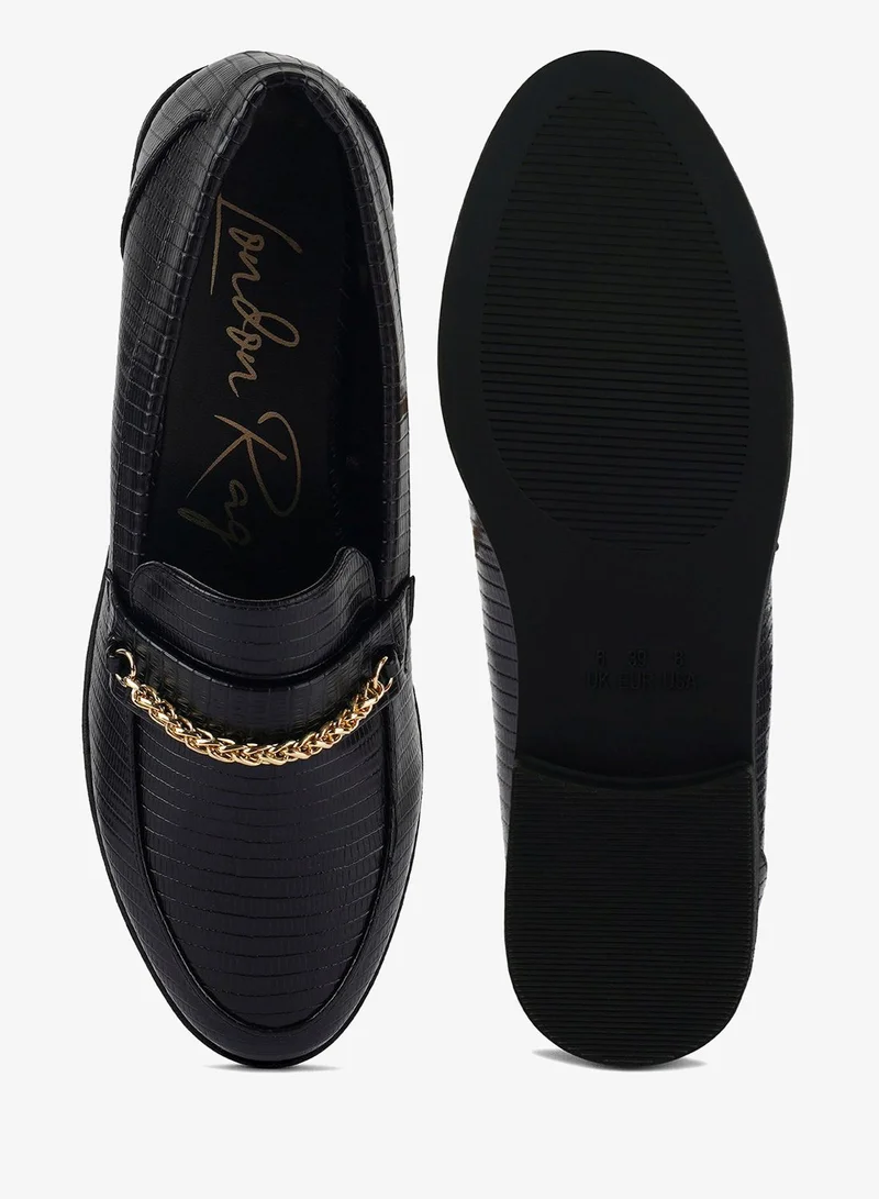 London Rag Black Black Low Block Loafers Adorned with Golden Chain for Women | Best Price UAE