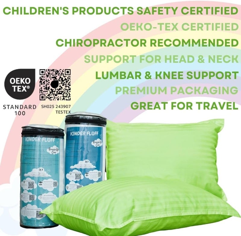 KINDER FLUFF Children Pillow (2Pack) 25x38cm - First Pillow for Kids Age 2+, 100% Cotton Sateen Stripes Shell 300T, Down Alternative Fill, Machine Washable - Children & Travel Cushion - Green - XS - Image 3