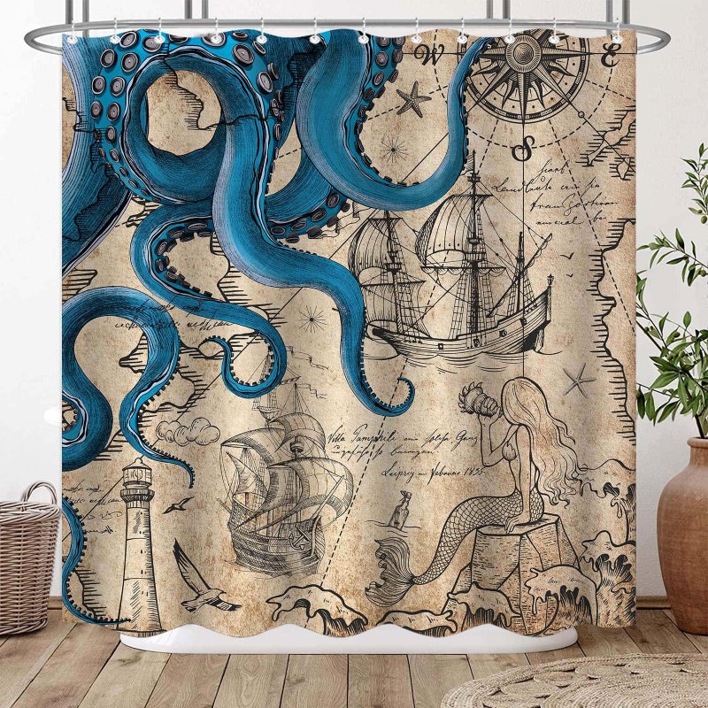 Fungarth Vintage Nautical Octopus Shower Curtain Navy Blue Mermaid Funny Ocean Kraken Shower Curtains for Bathroom Anchor Coastal Map Waterproof Fabric Bath Curtain Decor with Hooks (Retro, 72â€ x 72â€) - Image 1
