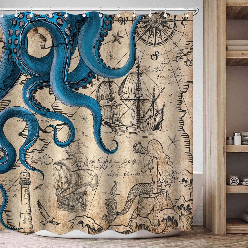 Fungarth Vintage Nautical Octopus Shower Curtain Navy Blue Mermaid Funny Ocean Kraken Shower Curtains for Bathroom Anchor Coastal Map Waterproof Fabric Bath Curtain Decor with Hooks (Retro, 72â€ x 72â€) - Image 3