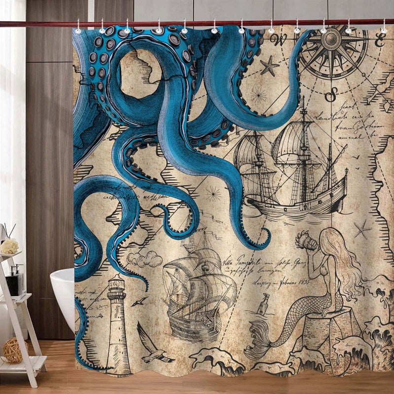 Fungarth Vintage Nautical Octopus Shower Curtain Navy Blue Mermaid Funny Ocean Kraken Shower Curtains for Bathroom Anchor Coastal Map Waterproof Fabric Bath Curtain Decor with Hooks (Retro, 72â€ x 72â€) - Image 5