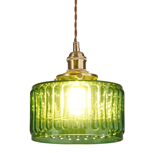 Qufute Single Glass Pendant Light Green Striped Glass Shade Brushed Brass Gold Pendant Lights Fixture Farmhouse 1-Light Vintage Industrial Ceiling Hanging Light for Dining Room Kitchen Island - Image 1