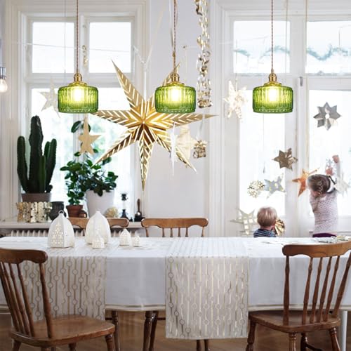 Qufute Single Glass Pendant Light Green Striped Glass Shade Brushed Brass Gold Pendant Lights Fixture Farmhouse 1-Light Vintage Industrial Ceiling Hanging Light for Dining Room Kitchen Island - Image 5