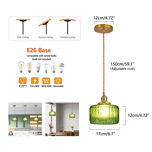 Qufute Single Glass Pendant Light Green Striped Glass Shade Brushed Brass Gold Pendant Lights Fixture Farmhouse 1-Light Vintage Industrial Ceiling Hanging Light for Dining Room Kitchen Island - Image 2