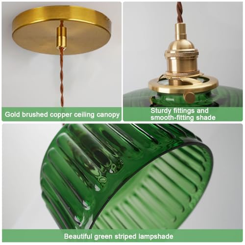 Qufute Single Glass Pendant Light Green Striped Glass Shade Brushed Brass Gold Pendant Lights Fixture Farmhouse 1-Light Vintage Industrial Ceiling Hanging Light for Dining Room Kitchen Island - Image 3