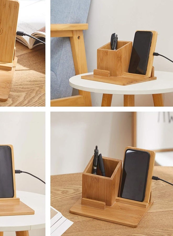 Bamboo Wireless Charger Desk Organizer, Wireless Charging Pad and Pen Holder, 7.5W Compatible with iPhone X/XR/XS MAX/XS/8/8 Plus, 10W Samsung Galaxy S10/S10 Plus/S10E/S9, 5W All Qi-Enabled Phones  - Image 5