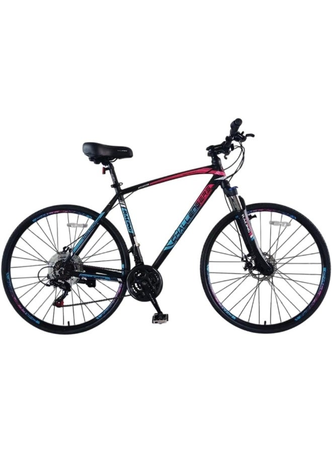 Challengers Aluminum 21-Speed Hybrid Rectangular Sports Bike with Handlebars, Size 27, Rosy - Image 1