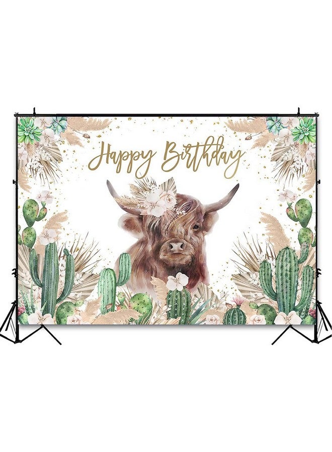 Avezano Highland Cow Birthday Backdrop Cow Birthday Party Decorations Boys Girls Mexican Cactus Boho Birthday Party Photography Background Cake Table Banner Supplies (7X5Ft) - Image 5