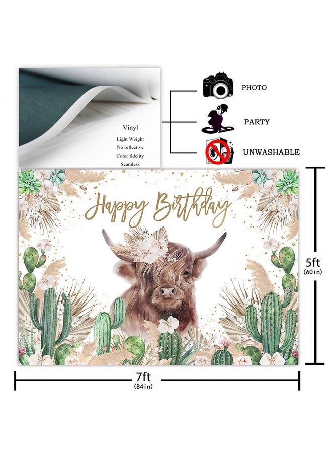 Avezano Highland Cow Birthday Backdrop Cow Birthday Party Decorations Boys Girls Mexican Cactus Boho Birthday Party Photography Background Cake Table Banner Supplies (7X5Ft) - Image 3