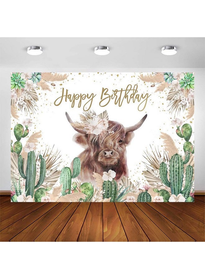 Avezano Highland Cow Birthday Backdrop Cow Birthday Party Decorations Boys Girls Mexican Cactus Boho Birthday Party Photography Background Cake Table Banner Supplies (7X5Ft) - Image 1