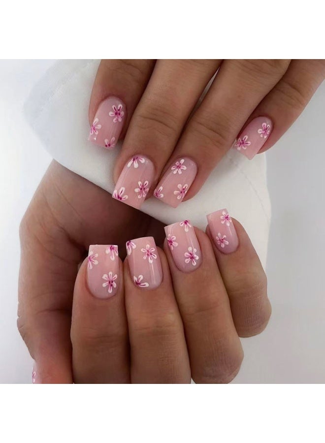 JOSQUEWNN 24pcs Press On False Nails,Pink Short Square Nail Tips With a Small Floral Pattern,Nails For Effortless Style And Sophisticated Look, Acrylic Nails With Glue Kit. - Image 1