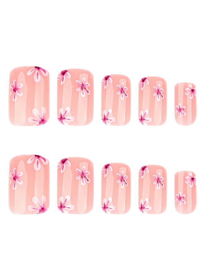 JOSQUEWNN 24pcs Press On False Nails,Pink Short Square Nail Tips With a Small Floral Pattern,Nails For Effortless Style And Sophisticated Look, Acrylic Nails With Glue Kit. - Image 2