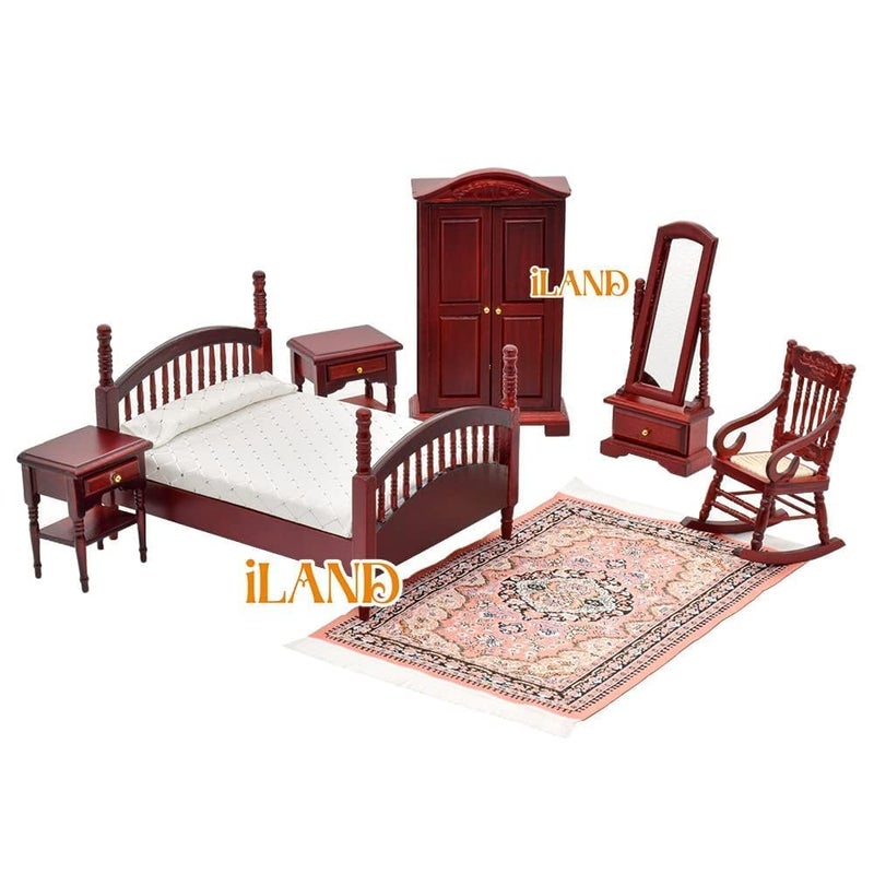 iLAND Vintage Dollhouse Furniture 112 Scale Kids Dollhouse Bedroom Furniture in Mahogany Color incl Dollhouse Bed  Mirror Full Length  Wardrobe  Bedside Table  Rocking Chair Brewster 7pcs - Image 3