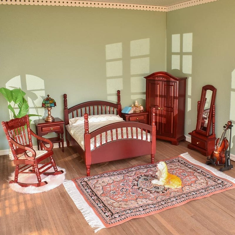 iLAND Vintage Dollhouse Furniture 112 Scale Kids Dollhouse Bedroom Furniture in Mahogany Color incl Dollhouse Bed  Mirror Full Length  Wardrobe  Bedside Table  Rocking Chair Brewster 7pcs - Image 2