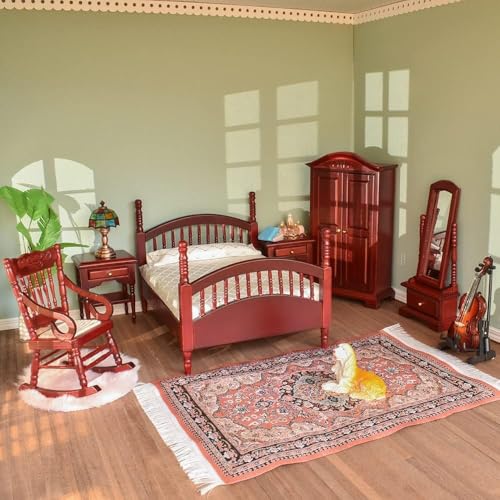 iLAND Vintage Dollhouse Furniture 112 Scale Kids Dollhouse Bedroom Furniture in Mahogany Color incl Dollhouse Bed  Mirror Full Length  Wardrobe  Bedside Table  Rocking Chair Brewster 7pcs - Image 1