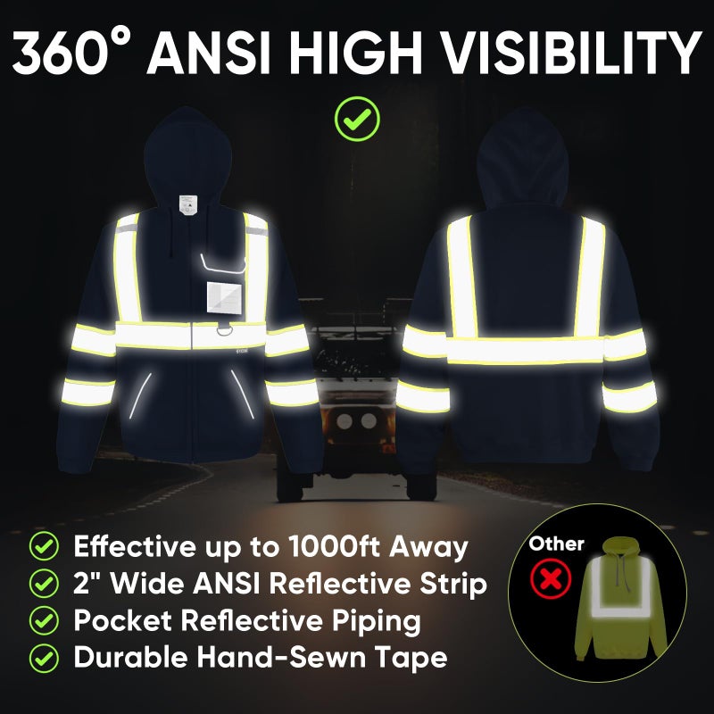 TICONN High Visibility Safety Sweatshirt Hoodie, Reflective Hi-Vis ANSI Class 3 Fleece Zippered Hooded Jacket for men and women (Navy, S) - Image 2