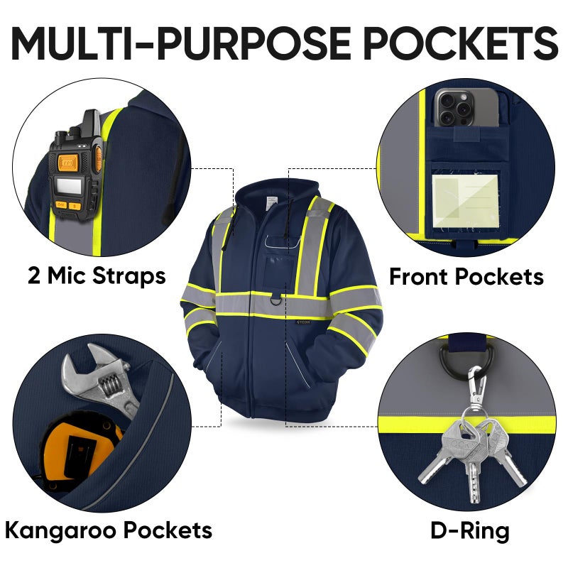 TICONN High Visibility Safety Sweatshirt Hoodie, Reflective Hi-Vis ANSI Class 3 Fleece Zippered Hooded Jacket for men and women (Navy, S) - Image 3