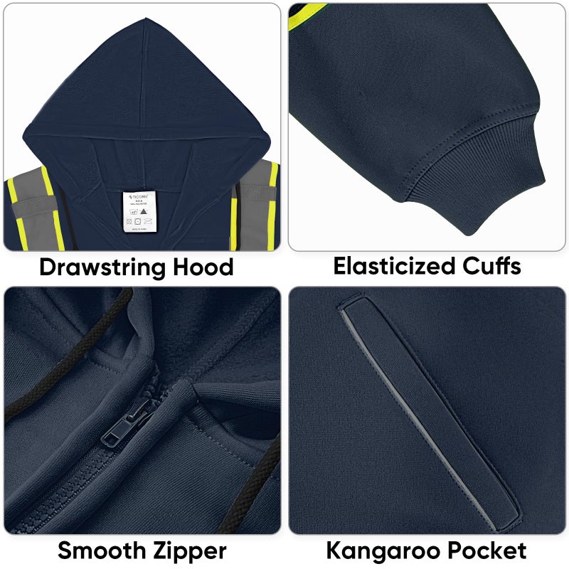 TICONN High Visibility Safety Sweatshirt Hoodie, Reflective Hi-Vis ANSI Class 3 Fleece Zippered Hooded Jacket for men and women (Navy, S) - Image 4