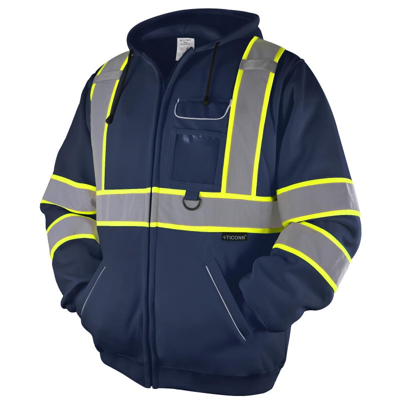 TICONN High Visibility Safety Sweatshirt Hoodie, Reflective Hi-Vis ANSI Class 3 Fleece Zippered Hooded Jacket for men and women (Navy, S) - Image 1