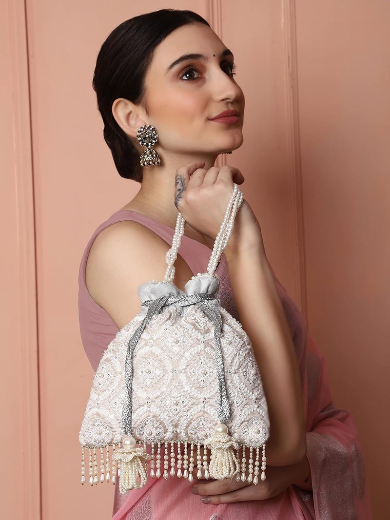 MASQ by Q-One Embroidered Silk Potli Bags - Handcrafted for Weddings, Festive Season & Special Occasions with Beads and Sequins - Made in India - Image 3