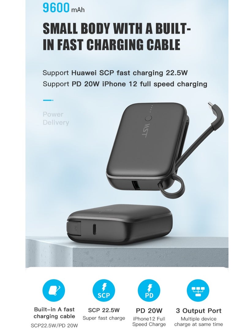 WST Power Bank 9600mAh Fast Charging Type-C PD 22.5W Small Mini Portable Power Bank Built in Cable with Two (USB-C & A) Outputs also - White - Image 2