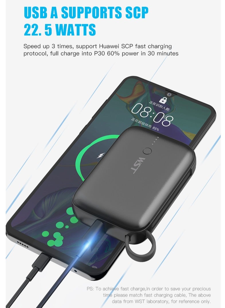 WST Power Bank 9600mAh Fast Charging Type-C PD 22.5W Small Mini Portable Power Bank Built in Cable with Two (USB-C & A) Outputs also - White - Image 4