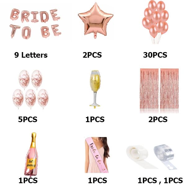 SOI Bride To Be Rose Gold Decoration Kit Pack of 53 | BRIDE TO BE Mylar Letters | 30 Rose Gold Latex | Confetti | Star Mylar | Fringe Curtains | Bottle | Cheers Glass | Pink Sash | Arch | Glue Dot - Image 2