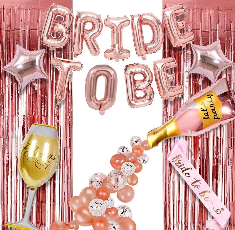 SOI Bride To Be Rose Gold Decoration Kit Pack of 53 | BRIDE TO BE Mylar Letters | 30 Rose Gold Latex | Confetti | Star Mylar | Fringe Curtains | Bottle | Cheers Glass | Pink Sash | Arch | Glue Dot - Image 1
