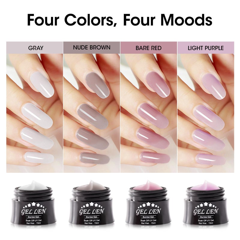 Gellen Builder Nail Gel - 4 Colors Nail Extension Gel Set Nude Gray Brown Purple Hard Gel Builder Nail Strengthener Nail Art Manicure Set - Image 2