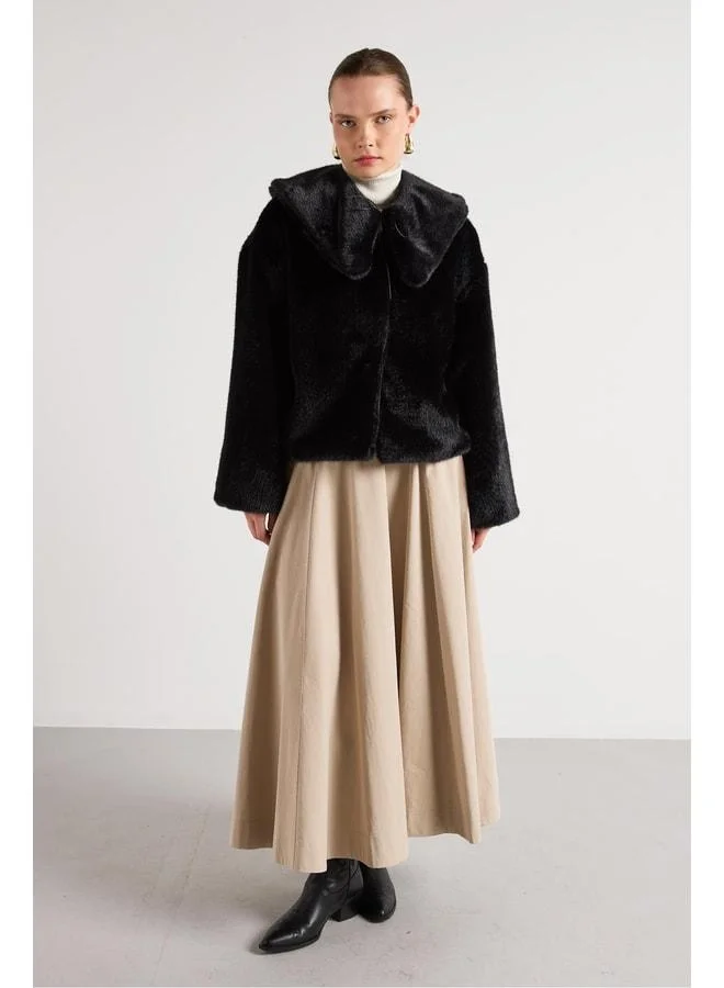 mina aise Women's Black Stand-Collar Design Fur Coat 30082.