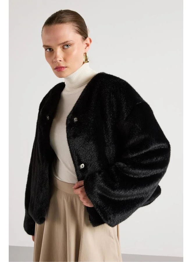 mina aise Women's Black Stand-Collar Design Fur Coat 30082.