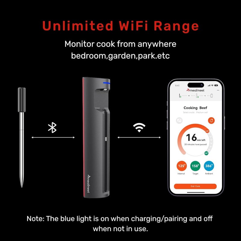 Meatmeet WiFi Wireless Meat Thermometer Digital, Bluetooth Meat Thermometer Wireless, Smart App Monitoring, IP67 Waterproof Meat Probe Thermometer for BBQ, Oven, Grill, Smoker (Pro) - Image 3