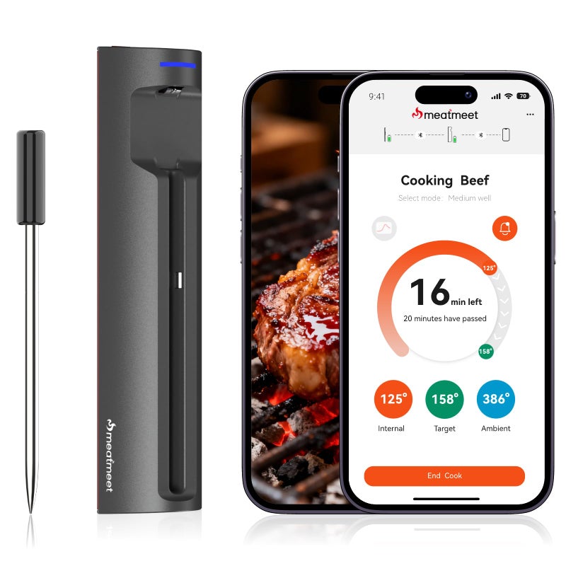 Meatmeet WiFi Wireless Meat Thermometer Digital, Bluetooth Meat Thermometer Wireless, Smart App Monitoring, IP67 Waterproof Meat Probe Thermometer for BBQ, Oven, Grill, Smoker (Pro) - Image 1