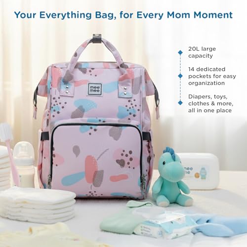 Mee Mee Cuddle Carry Diaper Bag Backpack for Moms & Dads, 20L Large Capacity with 14 Pockets, Insulated Bottle Pockets, Water-Resistant Oxford Fabric, Multi-Functional Baby Travel Tote (Pink) - Image 3