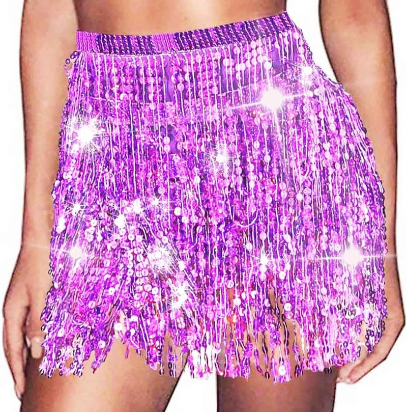 REETAN Fringe Sequin Skirt Belly Dance Sparkly Rave Skirts for Women - Image 1