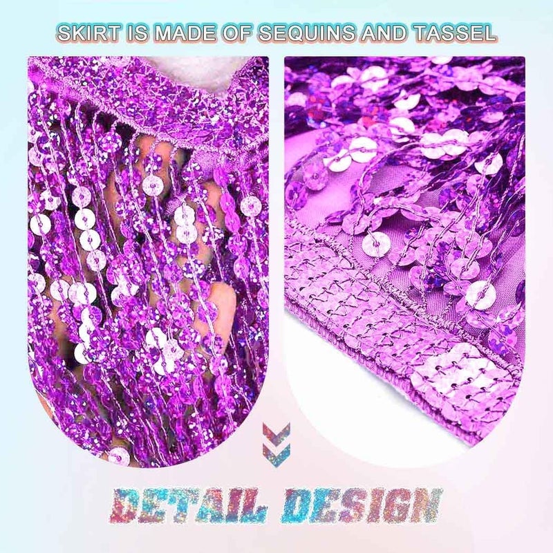 REETAN Fringe Sequin Skirt Belly Dance Sparkly Rave Skirts for Women - Image 4