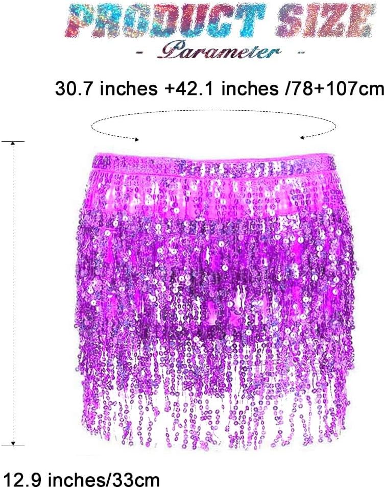 REETAN Fringe Sequin Skirt Belly Dance Sparkly Rave Skirts for Women - Image 2
