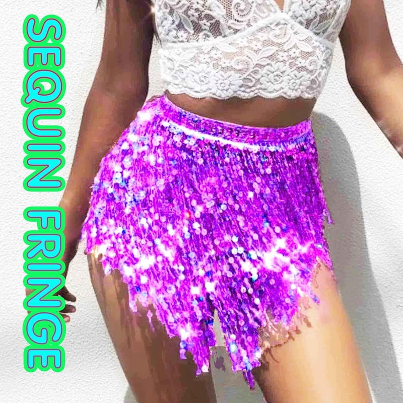 REETAN Fringe Sequin Skirt Belly Dance Sparkly Rave Skirts for Women - Image 3