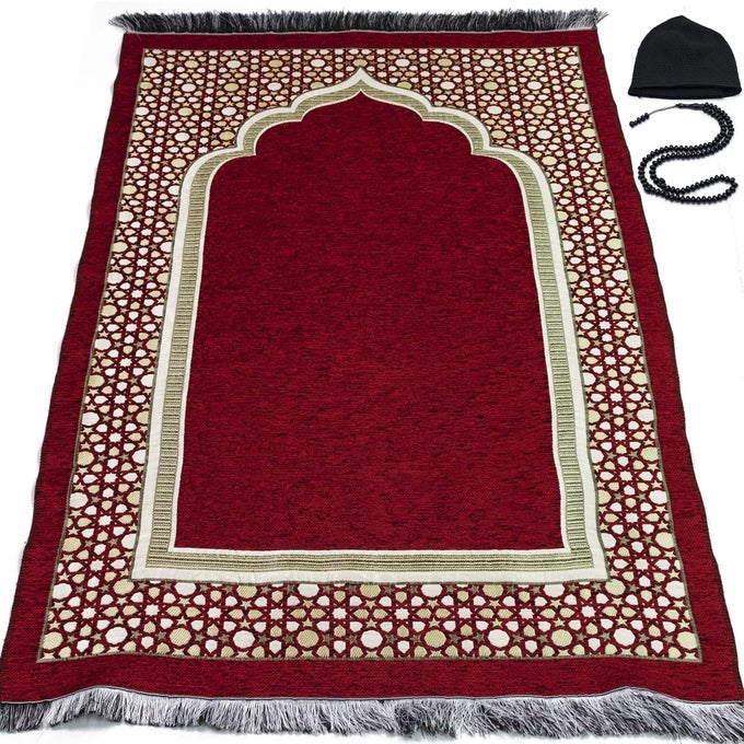 TURKISH ISLAMIC PRAYER MAT THIN WOVEN CHENILLE SAJJADAH INTRICATE PRAYING RUG RAMADAN EID GIFT TRADITIONAL MUSLIM JANAMAZ SAJADA FOR MEN WOMEN GEOMETRIC SELCUK STAR RED