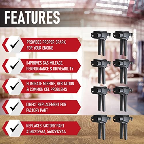 AA Ignition Ignition Coil Pack Set of 8 - Fits Dodge Ram 1500, 2500, 3500, Jeep Grand Cherokee, Commander, Dodge Charger, Challenger 5.7L, 6.1L, 6.4L HEMI - Replaces 5602129AA, 56029129AF, 56029129AA - Image 2