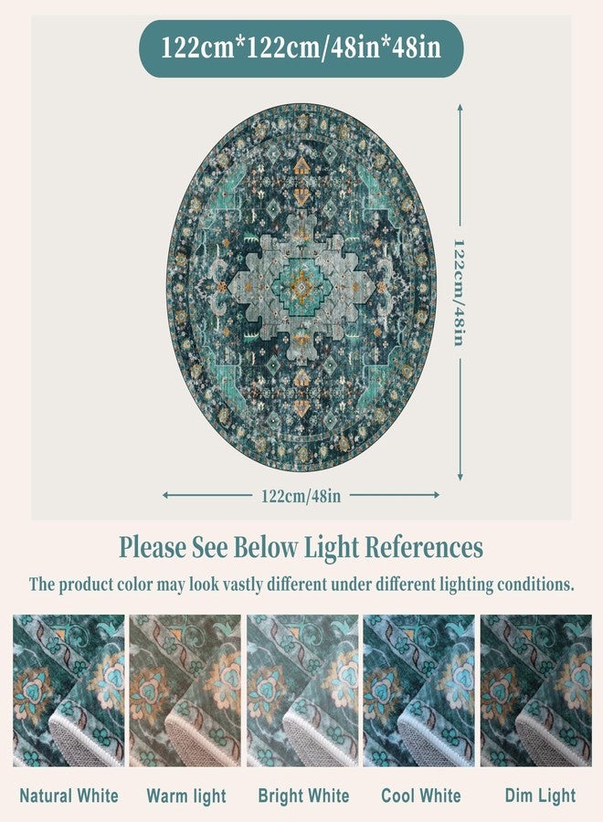 Ciicool Washable Area Rug Round 4’x4’ Teal Boho Bedroom Non-Slip Oriental Entry Throw Low-Pile Indoor Floor Carpet for Living Room Laundry Foyer Decor (Teal/Multi) - Image 2