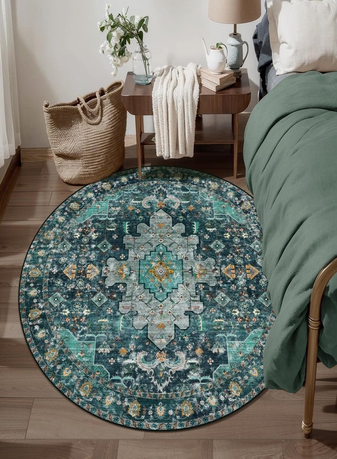 Ciicool Washable Area Rug Round 4’x4’ Teal Boho Bedroom Non-Slip Oriental Entry Throw Low-Pile Indoor Floor Carpet for Living Room Laundry Foyer Decor (Teal/Multi) - Image 3