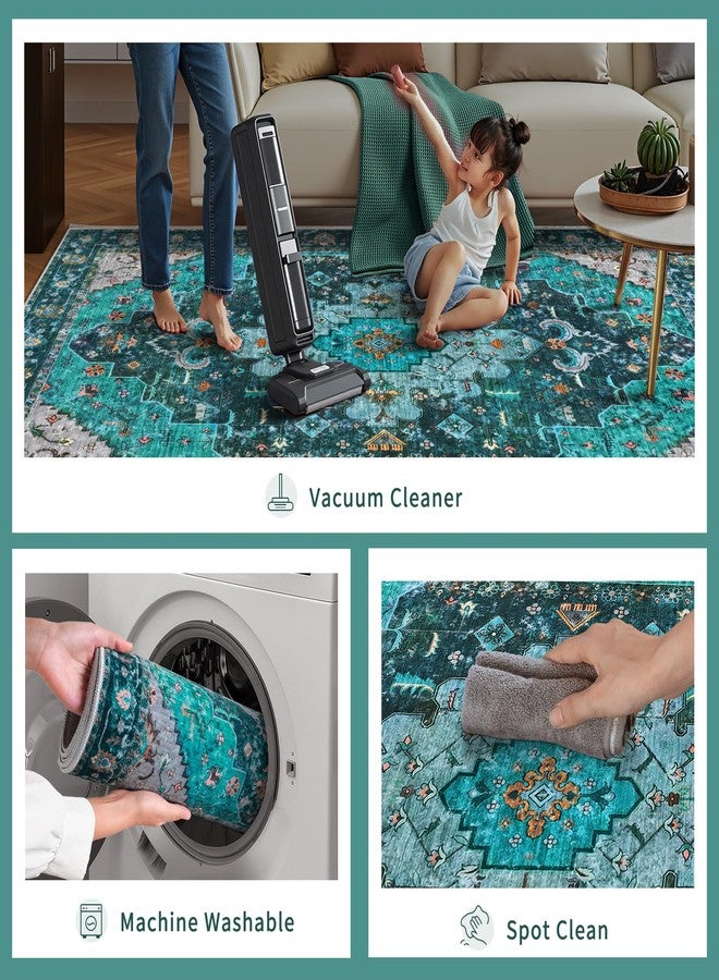 Ciicool Washable Area Rug Round 4’x4’ Teal Boho Bedroom Non-Slip Oriental Entry Throw Low-Pile Indoor Floor Carpet for Living Room Laundry Foyer Decor (Teal/Multi) - Image 4