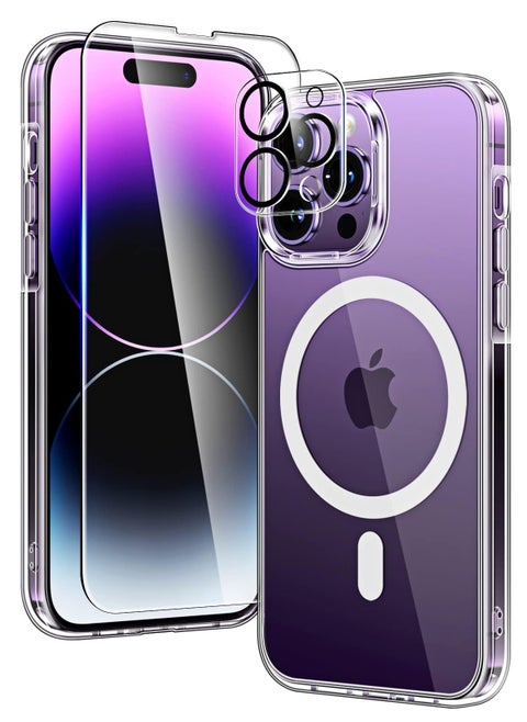 Upgraded 1+2+2 Magnetic Case compatible with iPhone 15 Pro Max Anti Yellowing Fit for Magsafe with Screen Protector 2 Pack and Camera Protector 2 Pack, Clear Case Cover