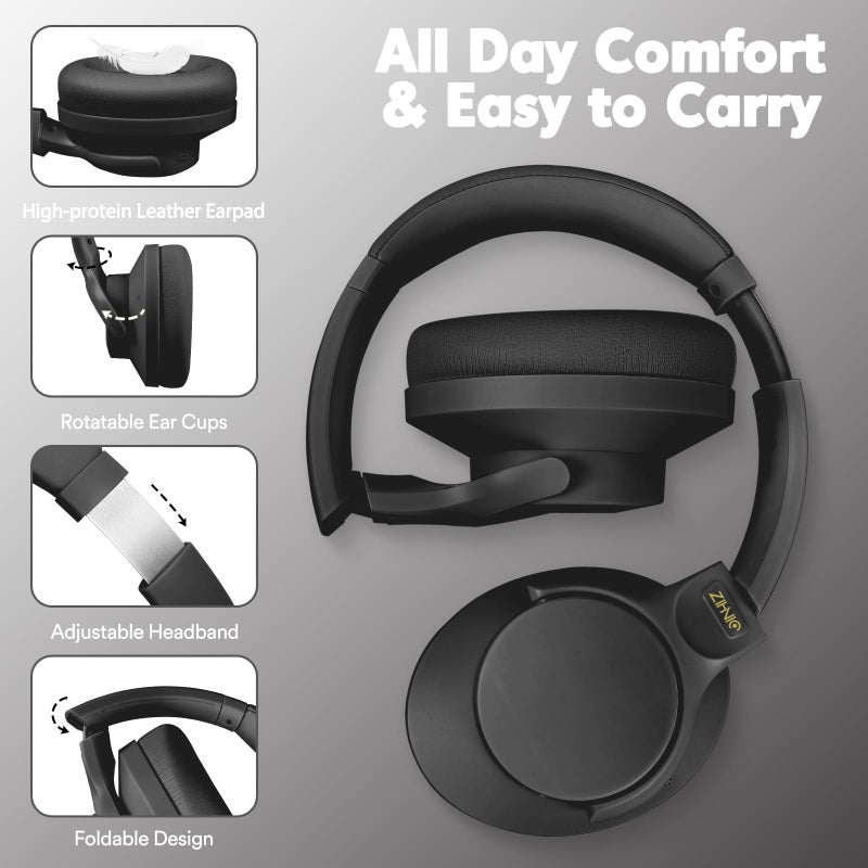 ZIHNIC Active Noise Cancelling Headphones, 60H Playtime Wireless Bluetooth Headset Low Latency-Black - Image 5